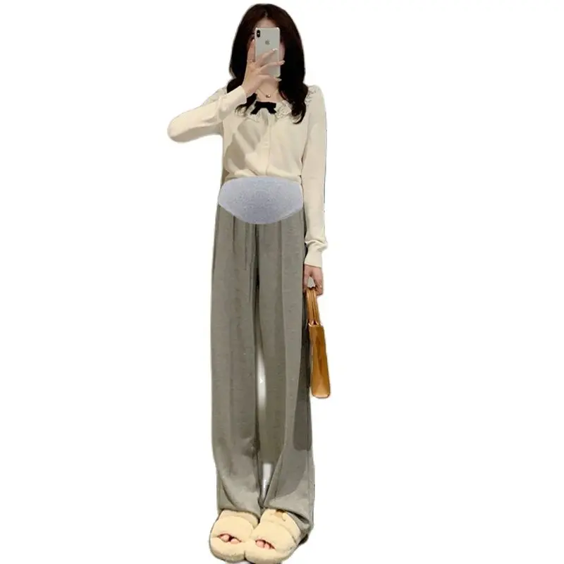 

2022 Autumn Pregnant Women Fashion Wide-legged Pants Tall Waist Korean Style Loose Straight Slacks Maternity Trousers Boot Cuts