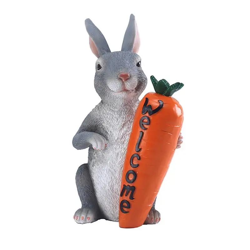 

Lovely Rabbit Model Cartoon Animal Figurine Easter Bunny With Welcome Sign Statue Fairy Garden Decoration Resin For Easter Party