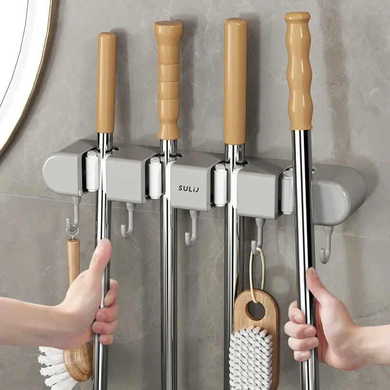 

Bathroom Hanger Wall Mop Multi-functional Mounted Suction Hanging Hooks Broom Holder Storage Shelf Kitchen Traceless Home Pipe