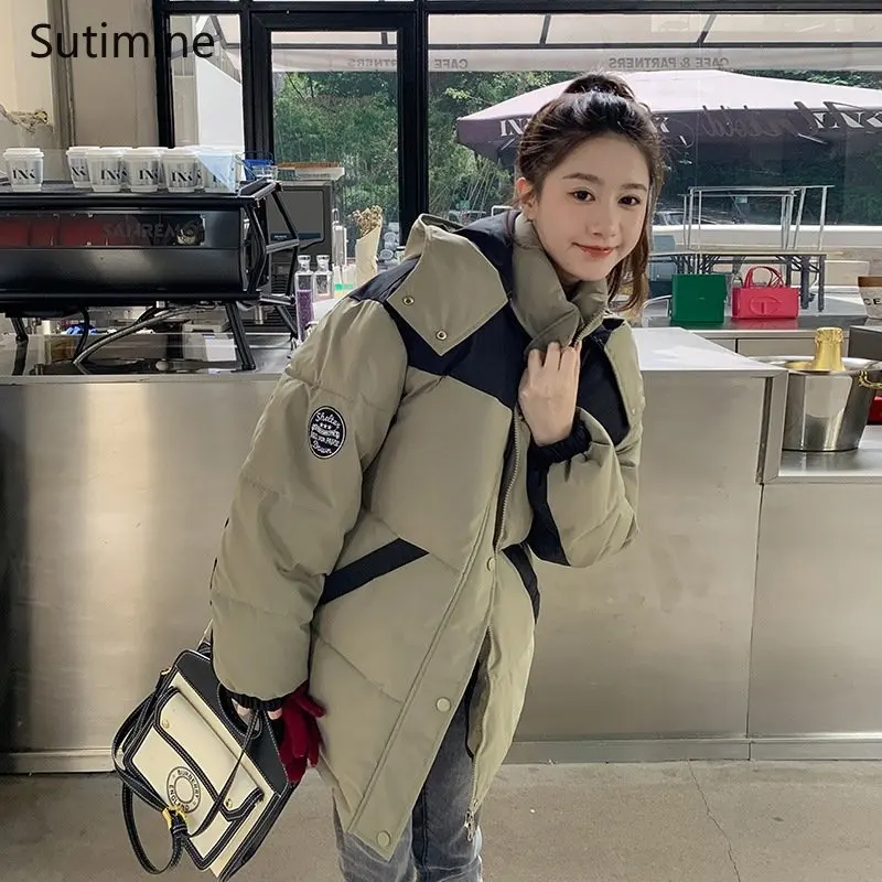 Winter Coat Women Office Lady Button Pockets Loose Down Jacket Women's Hooded Warm Windproof Cotton Padded Jacket Coat Women