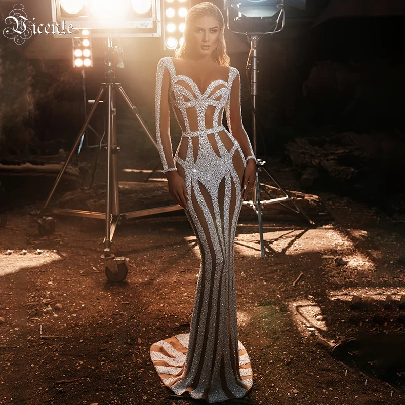 

VC Stylish Striped Sequins Design Maxi Long Dress Long Sleeves O Neck Nude Mesh Splicing Celebrity Party Club Vestido