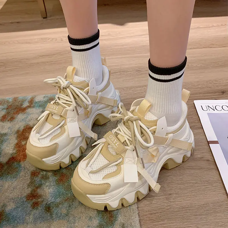 Top Layer Cowhide Platform Popular Dad Shoes Women's 2023 Spring and Autumn New Height Increasing Sports Muffin Running