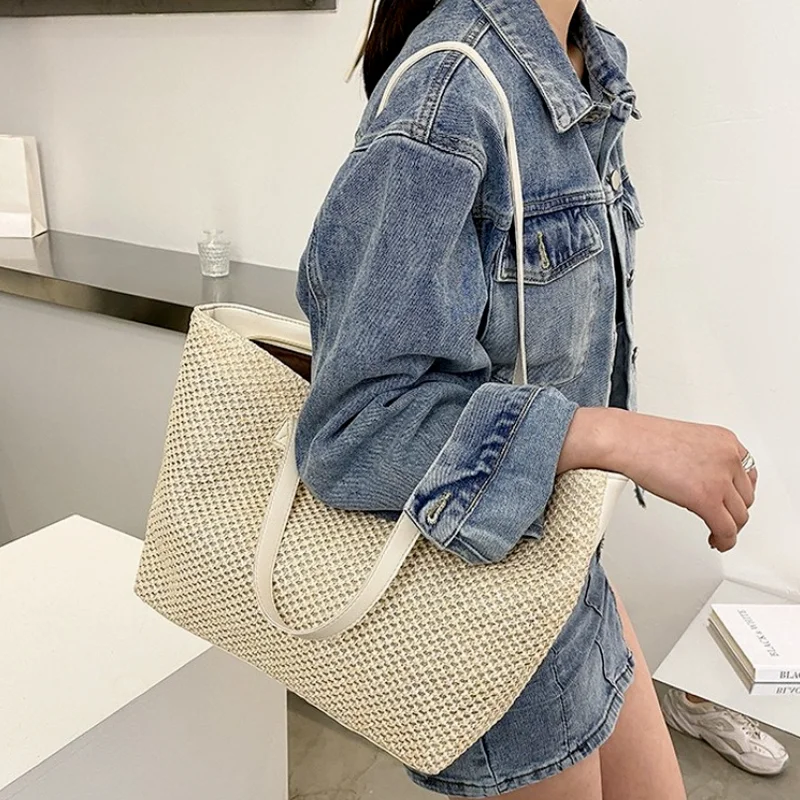 Fashion Women Beach Summer Straw Woven Pure Color Shoulder Shopping Tote Bag Casual Ladies Large Capacity Handbags