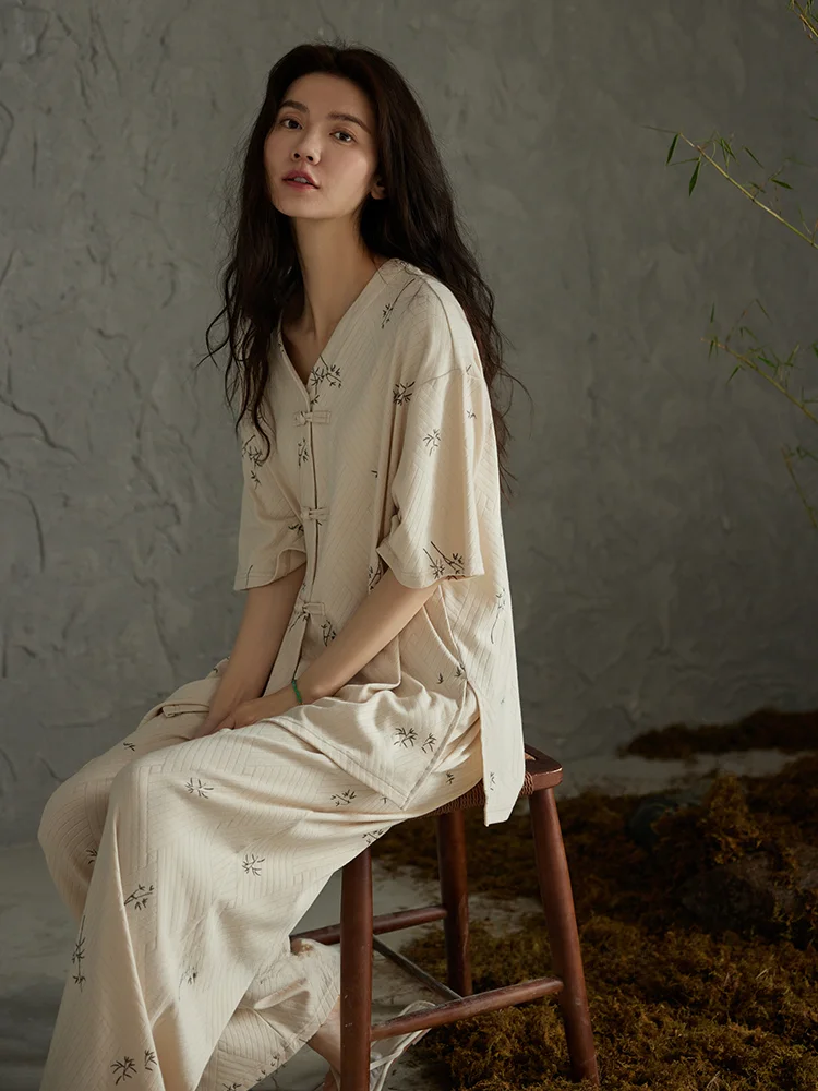 Пижама Qiaoweini женская летняя Трикотажная хлопковая Новая китайская бамбуковая с