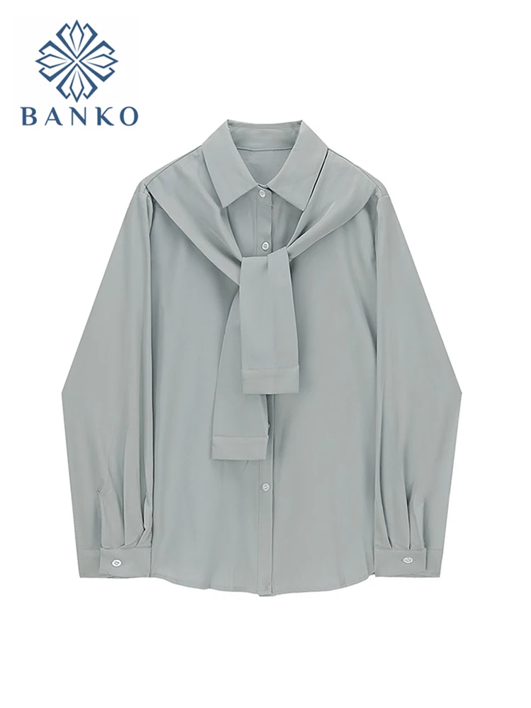 

Fake 2 Pieces Blouse Woman Long Sleeve Solid Polo All-Match Single Breasted Shirt Spring Fashion Vintage Lace Up Clothes Female