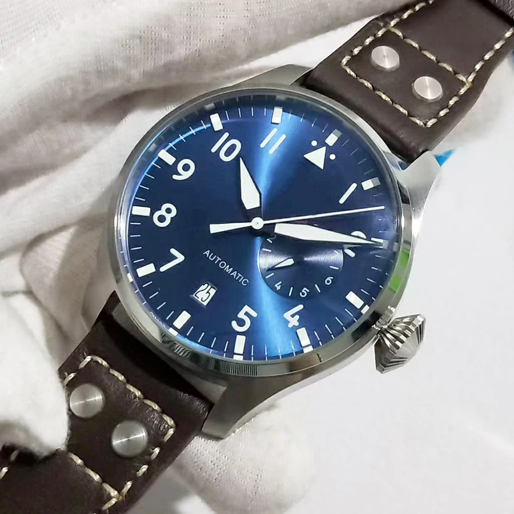 

mens mechanical watch automatic Big Pilots Brown Leather Blue dial