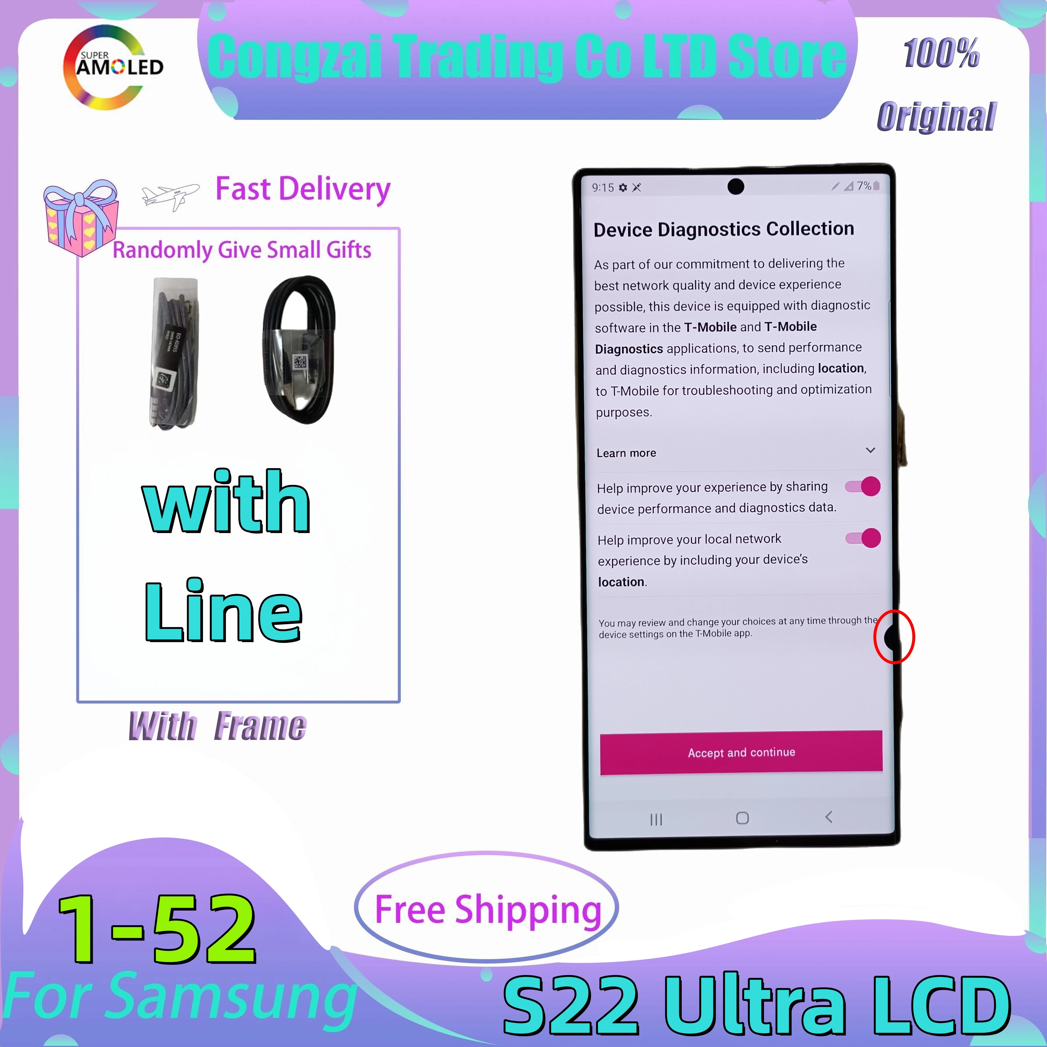 

Original Super AMOLED Display For Samsung Galaxy S22 Ultra LCD S908 S908B S908U Touch Screen Digitizer Assembly Replacement