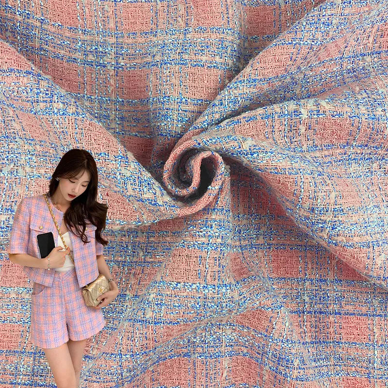 

50x145cm Orange Blue Lattice Yarn-Dyed Tweed Fabric For Woman Autumn Jacket Dress Suits Coat Skirt DIY Cloth Sewing