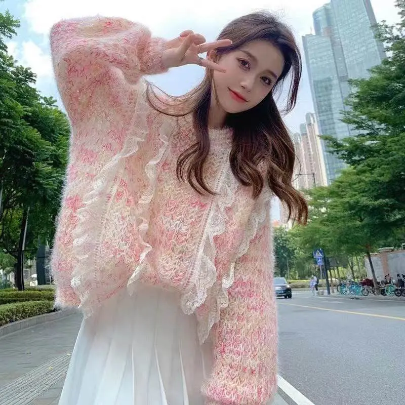 

Autumn/Winter Women's Sweet Soft Lace Flower Sweater Knit Coat