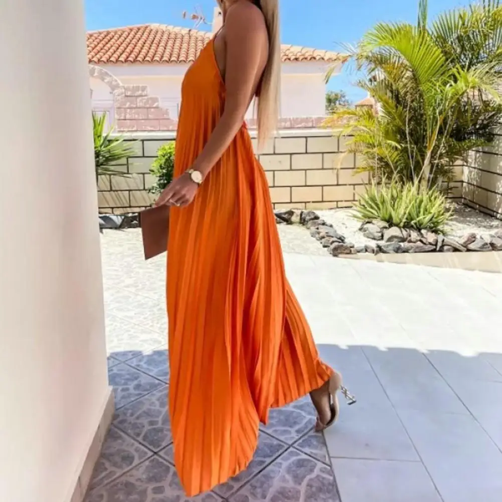 

Soft Texture Anti-shrink Hanging Neck Women Long Maxi Dress for Daily Wear