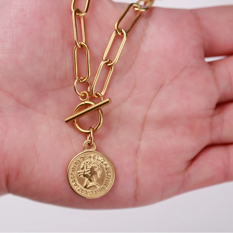 

Women's Coin Necklace For Women Metal Stainless Steel Elizabeth Coin Pendant Medal Necklaces Choker Toggle Clasp Necklace