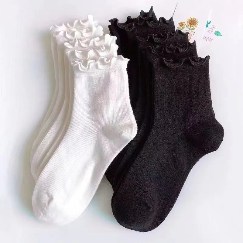 

Ruffle Socks Women White Black Frilly Lolita Style Japanese Maiden Cute Kawaii Cotton Harajuku Princess Crew Socks Solid Hosiery
