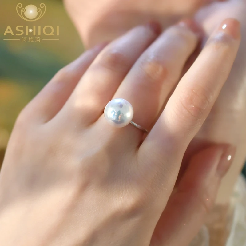 

ASHIQI Big Natural Freshwater Pearl Ring 925 Sterling Silver Fashion Jewelry wedding for Women New Trend