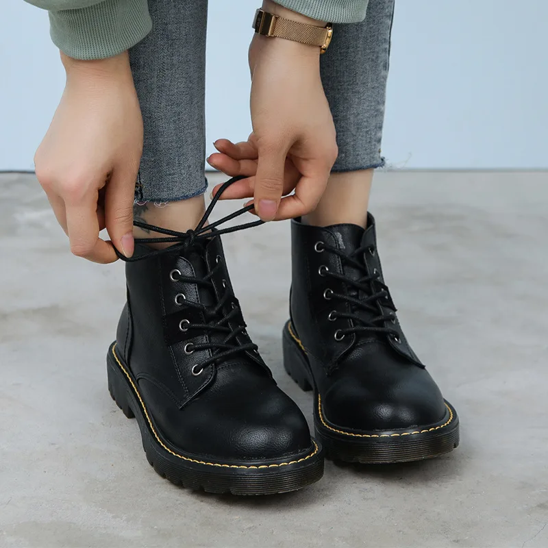 

Waterproof Snow Boots For Women British Style Fashion Classics Genuine Leather Lace-up Round Toe Flat With Casual Women Shoes