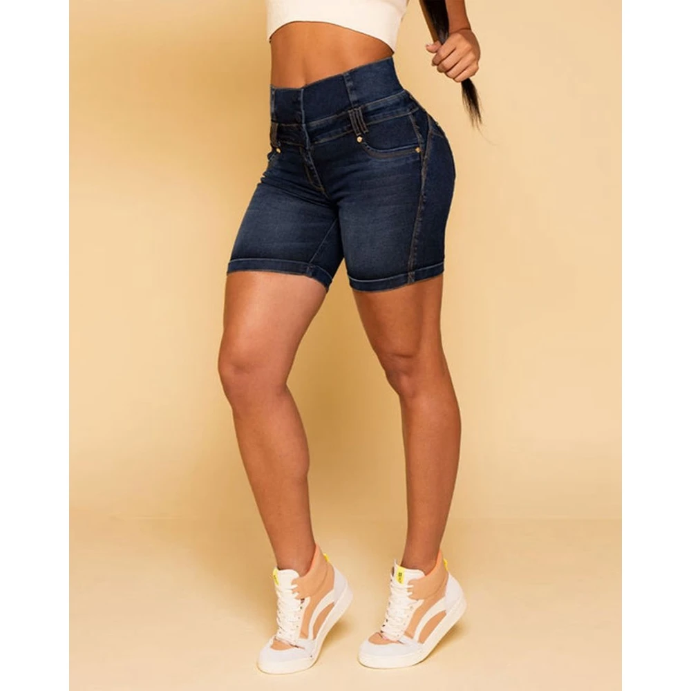 Summer Women High Waist Pocket Design Denim Casual Cuffed Shorts High Waist Skinny Hot Pants Fashion Jeans Short Mujer Jeans