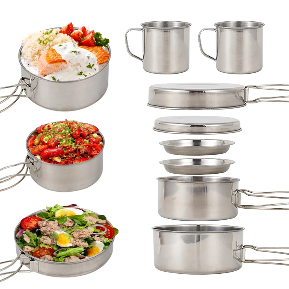 

8PCS Camping Cookware Mess Kit Stainless Steel Cooking Pot and Pan Set with Plates Cups for Outdoor Camping Hiking Backpacking