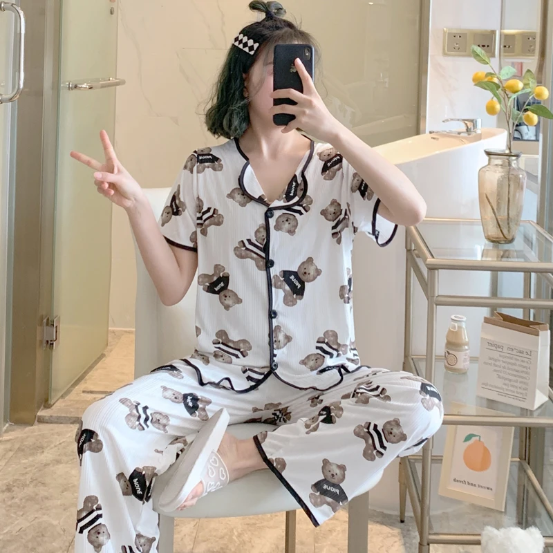 3 Pieces Set Sleepwears for Women Bear Cartoon Tops with Pants Shorts Summer Casual Pijama Korea Style Homewear Clothes Pajamas