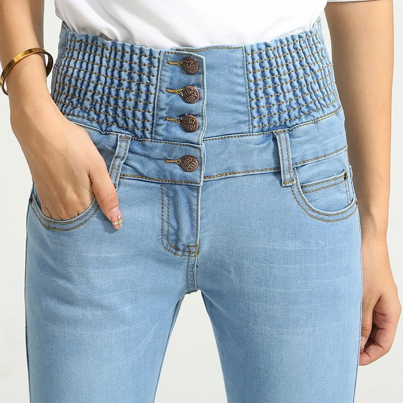 Women High Waist Cotton Stretch Denim Pants 2021 Large Size Skinny Jeans Mom Light Blue Black Autumn New Female Casual Trouser