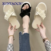 summer ladies outdoor shopping flat slippers simple high platform open toe slides womens flounce cloth soft soles walking shoes