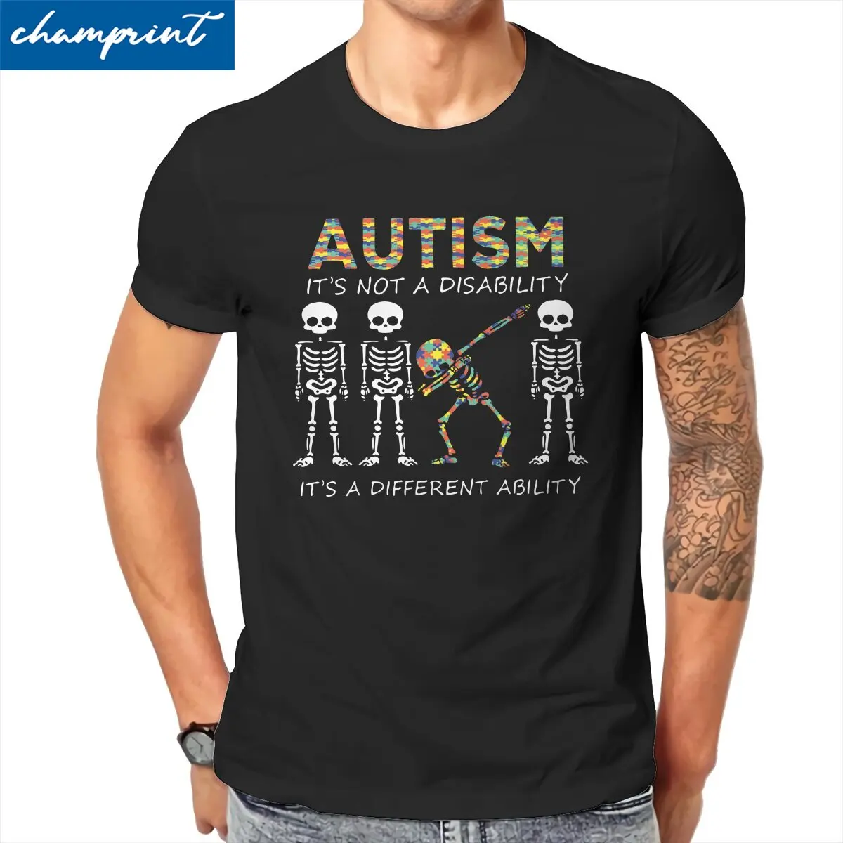 

Men Autism It's A Different Ability Dabbing Skeleton T Shirt Cotton Tops Vintage Short Sleeve Crewneck Tees Unique T-Shirts