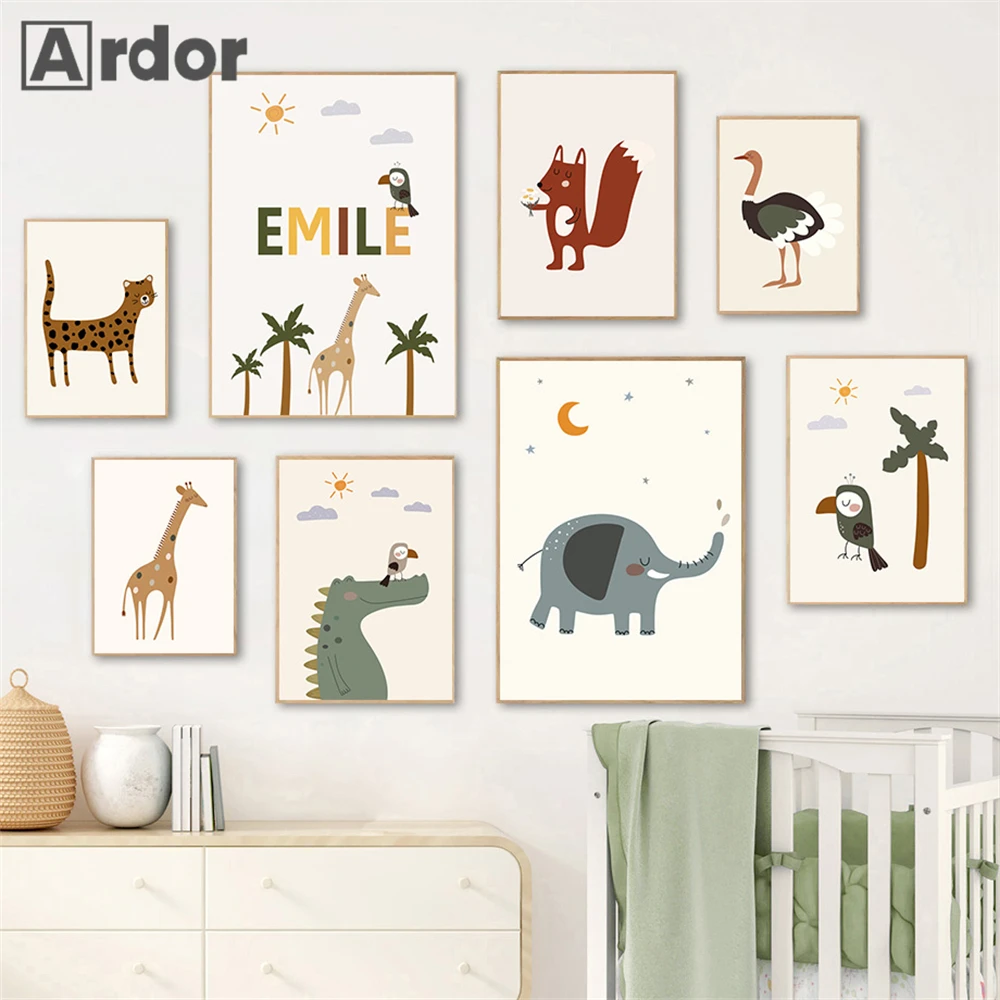 

Jungle Elephant Giraffe Wall Art Painting Custom Name Canvas Poster Print Nursery Posters Nordic Wall Pictures Kids Room Decor