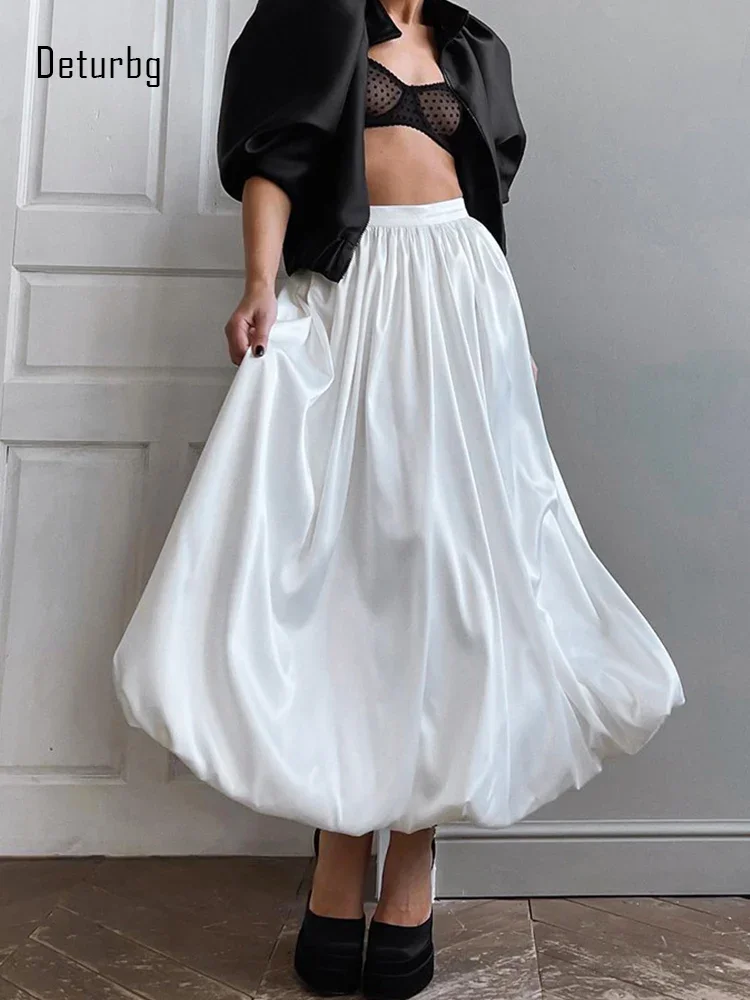 

Женская атласная длинная юбка, Однотонная юбка с высокой талией, на молнии сбоку, белого, черного цветов, юбка-фонарик, платье для выпускного, осень 2023, K382