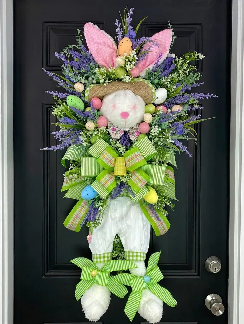 

Creative Easter Rabbit Doll Wreath Bunny Easter Garlands Spring Festival Flower 2023 Happy Easter Day Decor For Home Door