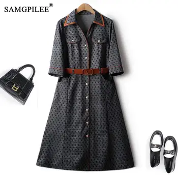 European Station Printed Denim Blue Dress Women 2023 Spring Summer Half Sleeve Turn Down Collar PU Belt Stylish Female Dresses 1