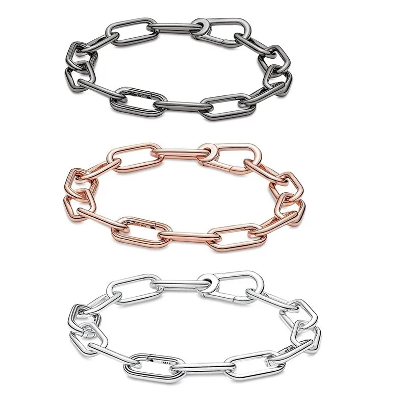

Authentic 925 Sterling Silver Rose & Silver & Black Me Link Chain Bracelet Bangle Fit Bead Charm Diy Pandora Jewelry