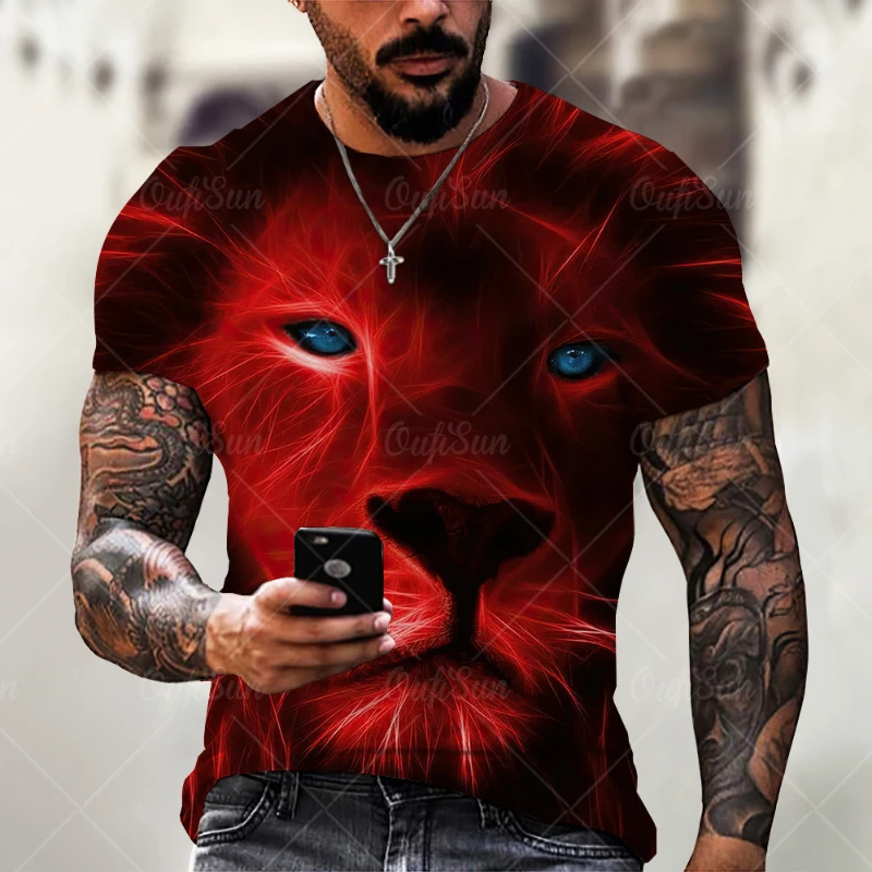 

New Oversized T Shirt Men's Casual Crew Neck Shirt Lion Pattern 3D Animal Print Men's Summer Short Sleeve Must-Have Shirt