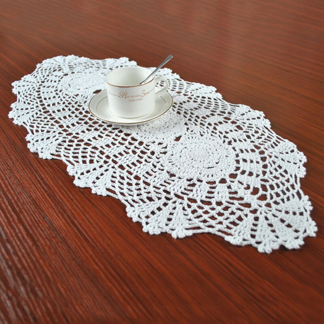 

White Vintage Oval Table Runner Crocheted Cotton Floral Lace Tablecloth Chinese Nostalgic Cotton Woven Table Flag Home Decor