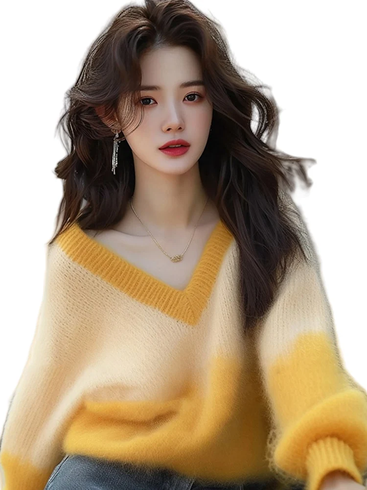 Желтый мягкий клейкий вязаный свитер с v-образным вырезом и градиентом женский