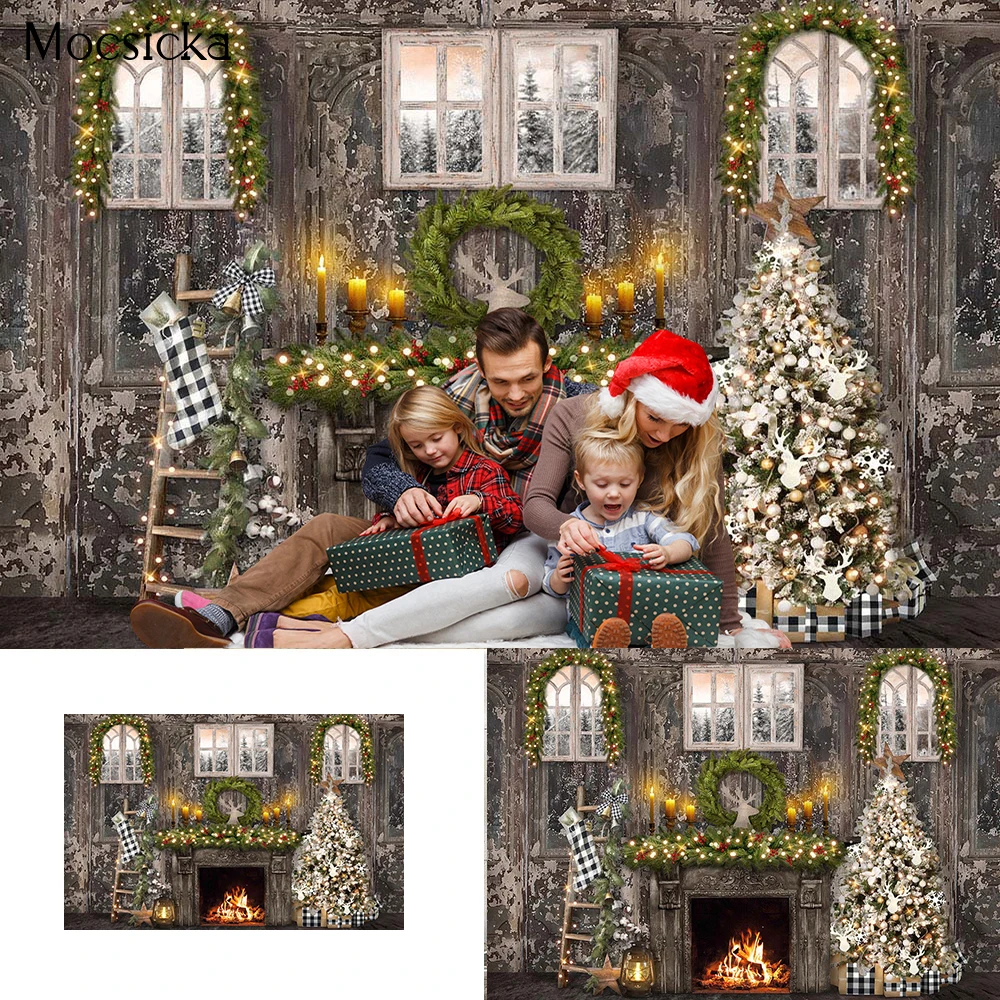 

Christmas Fireplace Backdrops For Photography Retro Wooden Wall Xmas Tree Window Decor Kids Family Portrait Background Photocall