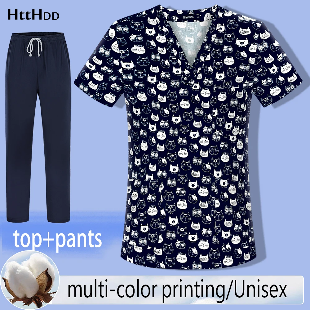 

Cotton Cartoon Print Spa Uniform Beauty Salon Pet Shop Uniform Fashion Slim Fit Top Scrub Clothes Women Man Scrubs Lab Coat