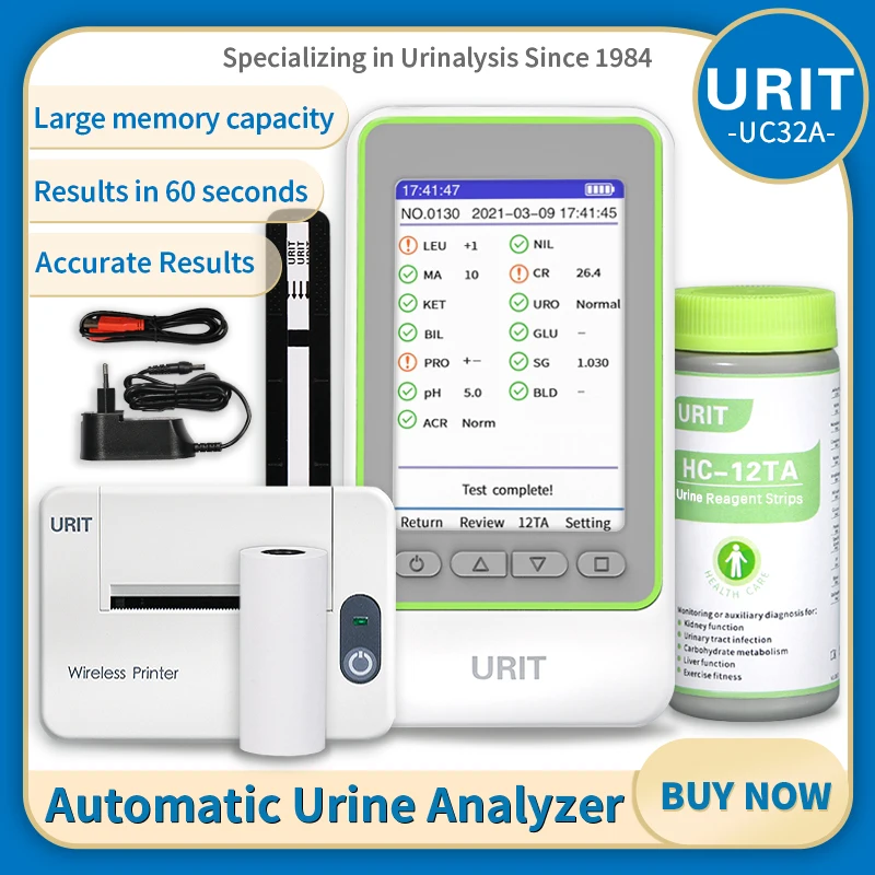 Urine Strip Analyzer with 100pcs 12-in-1 Urine Test Strips, Printer is Included. Easy to Use and Read for Home Using.