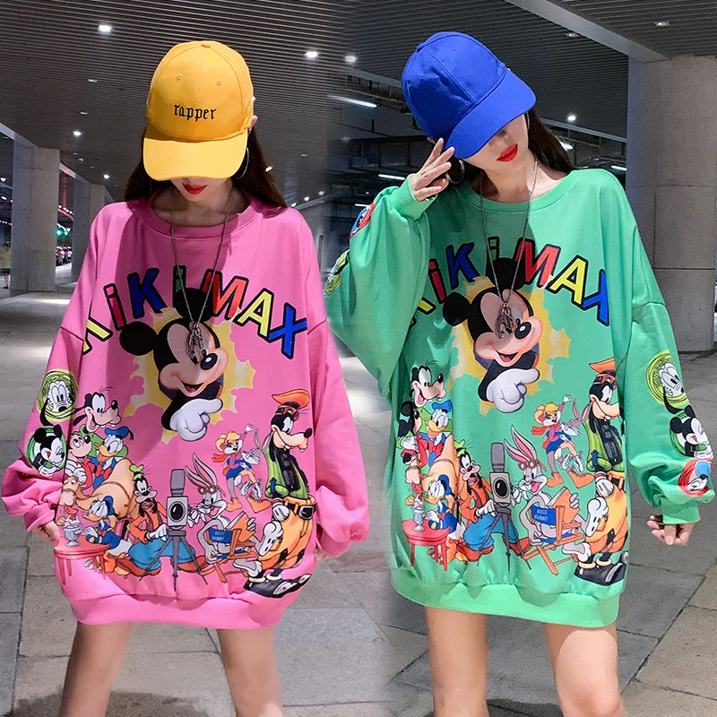 

Disney Fashion Brand Sweater Western Style Mickey Print Loose Mid-Length Style round Neck Long Sleeve Sweatshirt Women