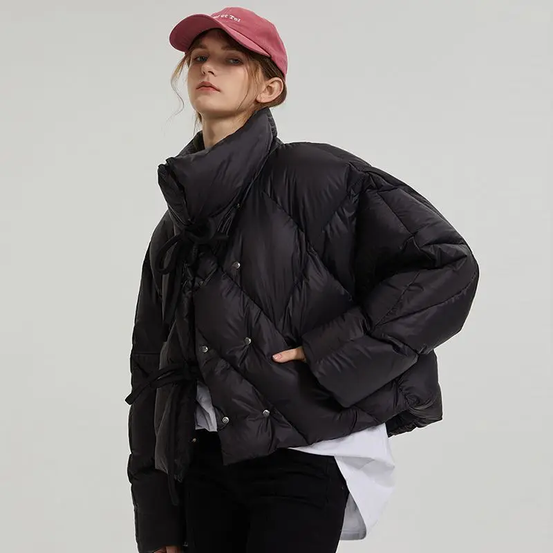 Women White Duck Down Loose Jackets 2023 New Winter Korean Style Solid Loose Casual Fashion Long Sleeve Coats Outwear C75