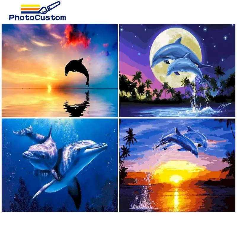 

PhotoCustom Frame Landscape Diy Painting By Numbers Sunset Dolphin Kits Modern Drawing By numbers handpainted gift Decor