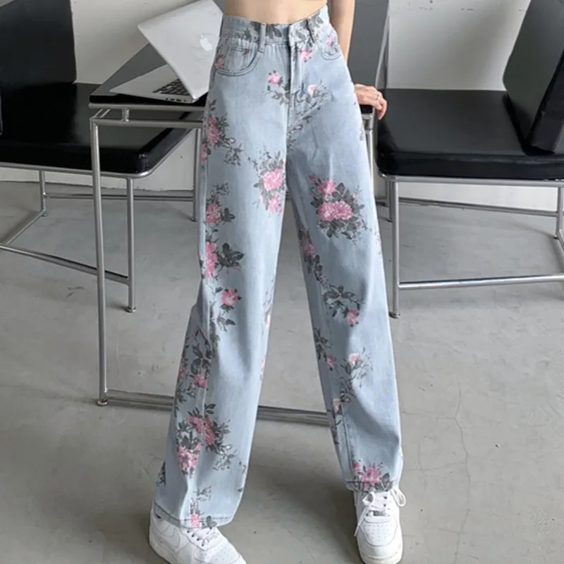 Flowers Print Jeans Women Vintage High Waist Denim Long Pants  Fashion Autumn Casual Wide Leg Full Length Denim Trousers