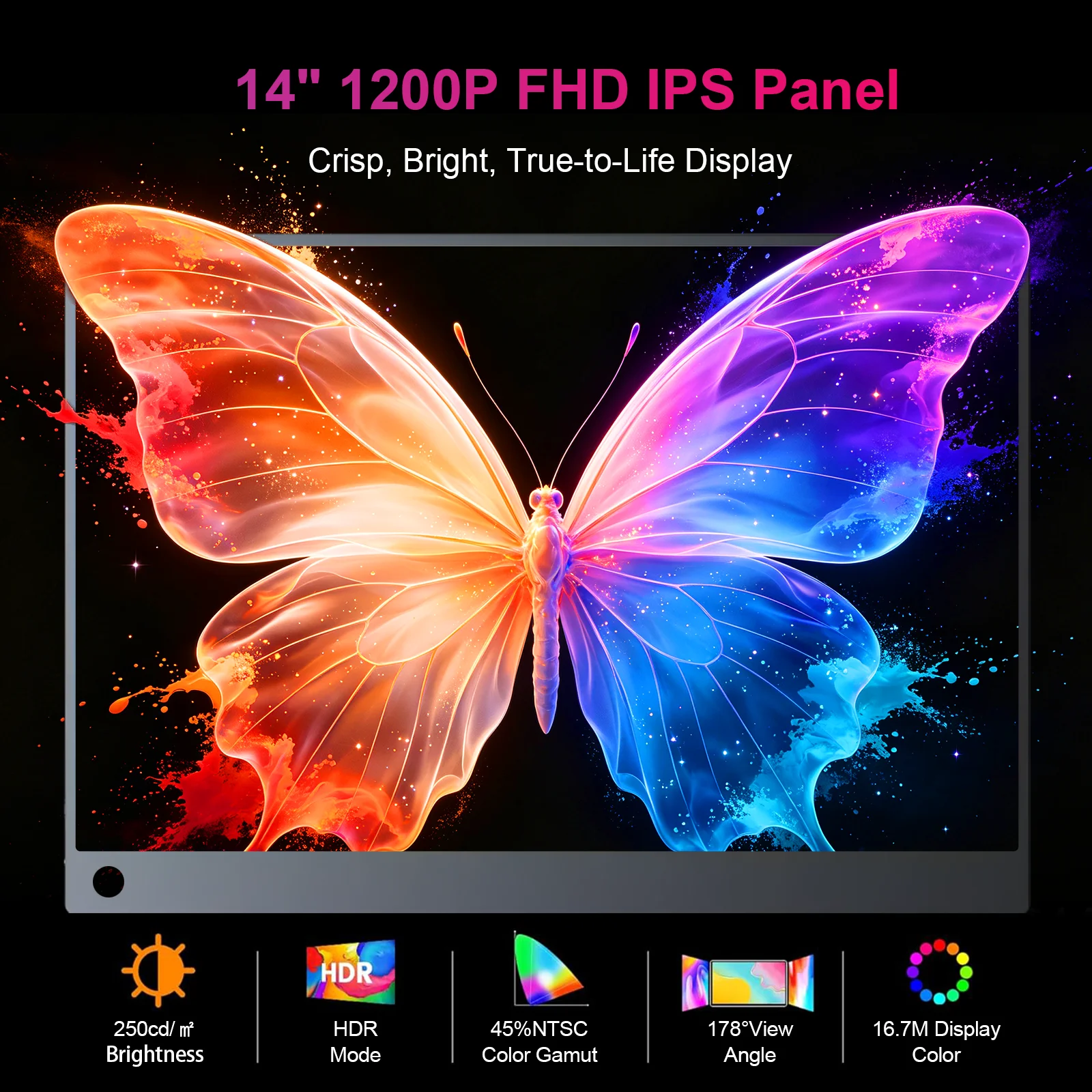 Фото 14-дюймовый портативный монитор 1200P FHD IPS HDR 250 нит с низким уровнем синего света, двумя динамиками, VESA 75×75, водонепроницаемый чехол для ноутбука, Switch, PS №2