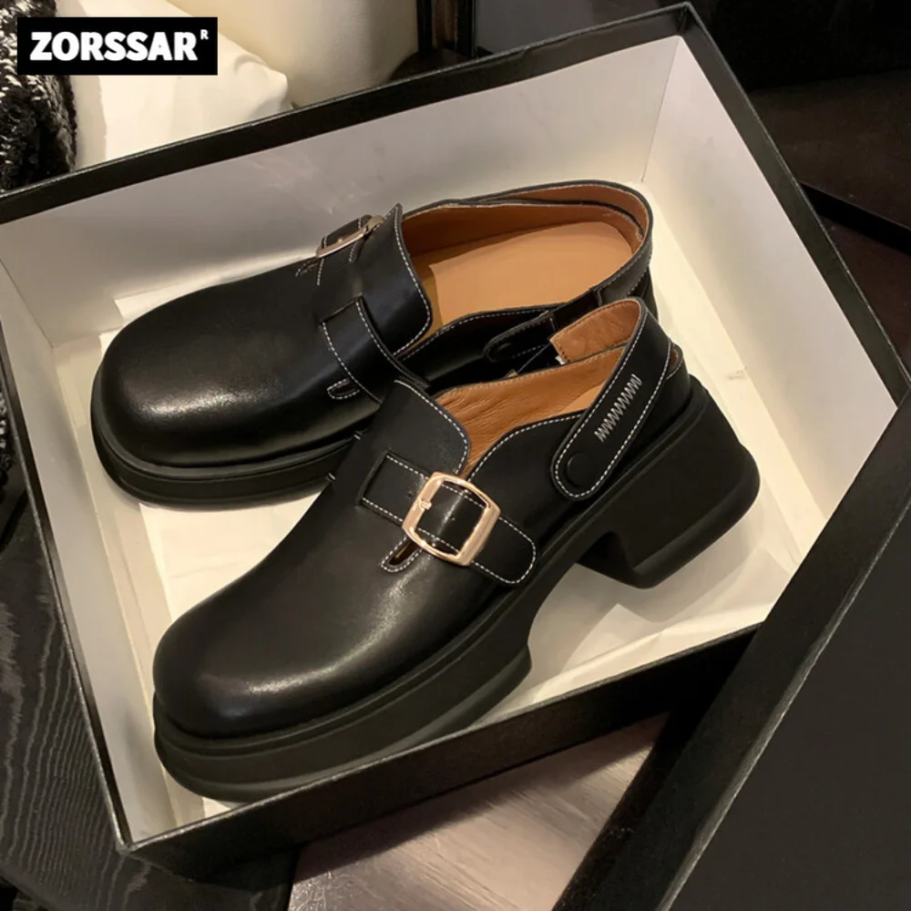 

2023 new Lolita shoes Women Dress shoes Round toe Low heel Mary Janes Pumps Platform Cow leather Shallow Chunky heel Sandal lady