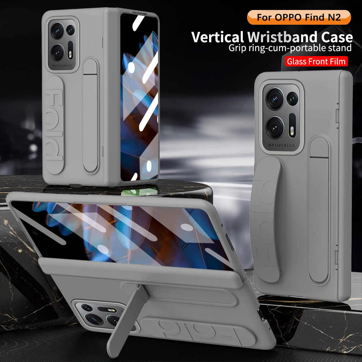 Роскошный вертикальный ремешок для OPPO Find N2 со встроенной подставкой и стеклянной