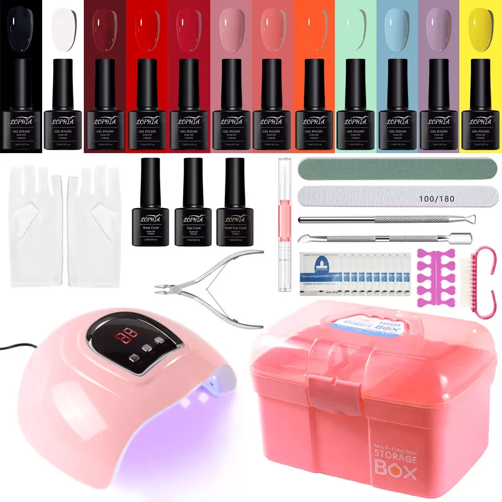 LOPHIA 27pcs/set gel nail polish set uv led art with 54W Lamp 7.5ml ,Macaroon Color Base/Top/Matte Nail Gel Set Storage Box