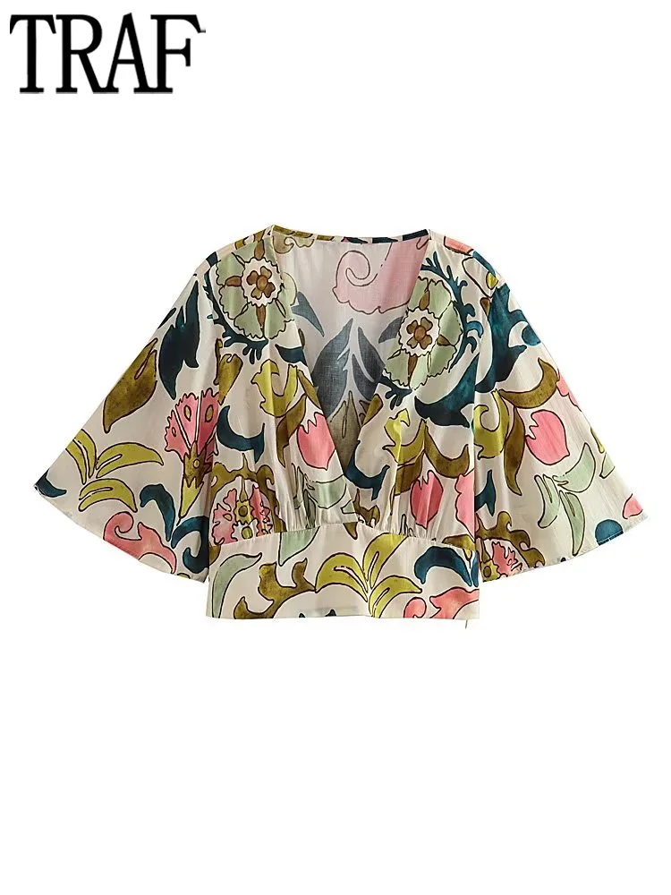 

TRAF Print Crop Top Women Boho Ruched Blouse Female Short Sleeve Shirts and Blouses for Women Tunics Summer Casual Blouses Women