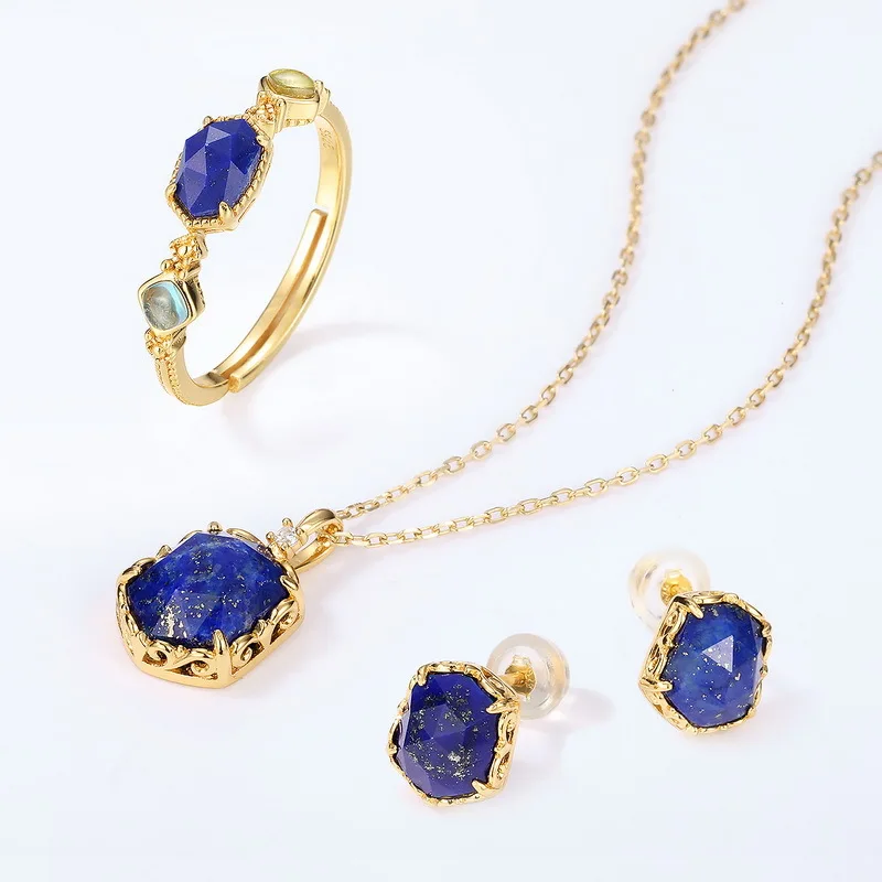 

2022 New Lapis Lazuli Stud Earrings Retro Geometric S925 Silver Stud Earrings for Women Temperament Wild