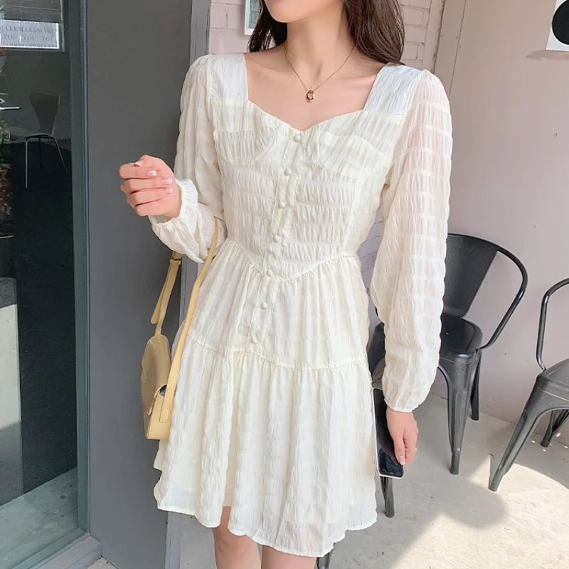 

Elegant V-neck Puff Long Sleeve Women Dress 2022 Spring New Buttons High Waist Mini Dress Female Vintage Summer Vestidos