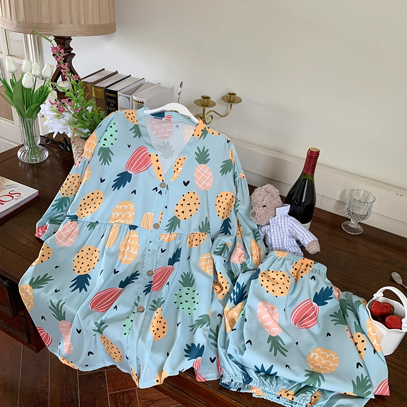 CAIYIER Women Korean Cartoon Sleepwear Casual V-Neck Long Sleeve Nightwear Autumn Sweet Girl Pajamas Set Loose Outifits Homewear