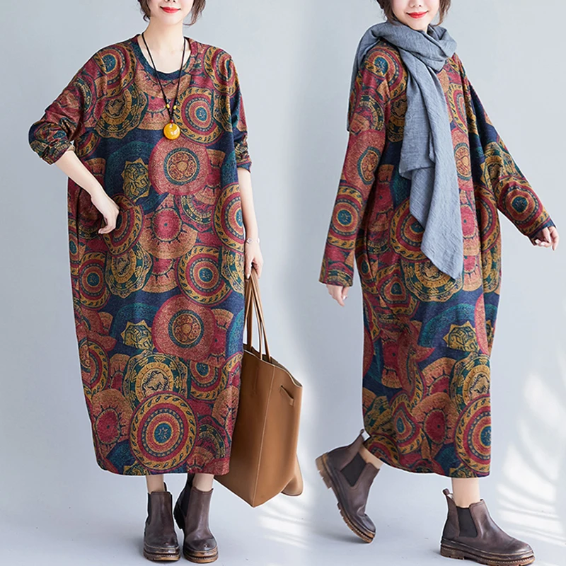 

New Women Print Floral Dress Vintage Thick Robe Winter New Long Sleeve O-Neck Knitted Cotton Warm Women Clothes Dress