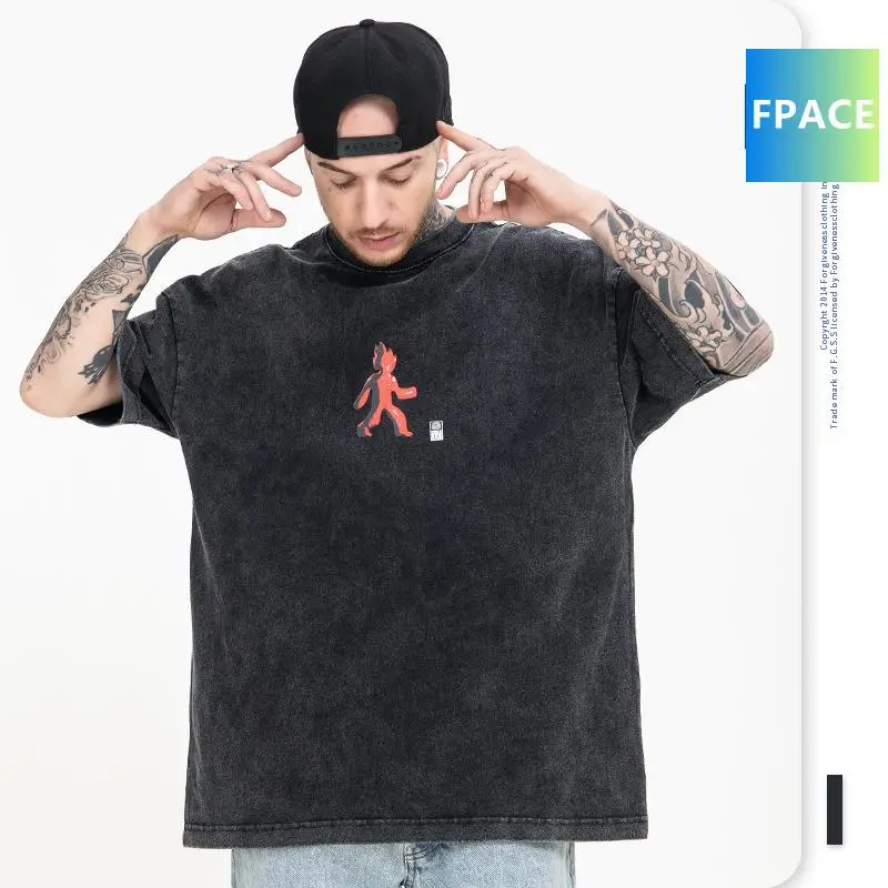 

Men's Clothing Summer High Street Fashion Brand Small Fire Man Black Hole Printing Heavy Wash Fried Color Short Sleeve T-shirt
