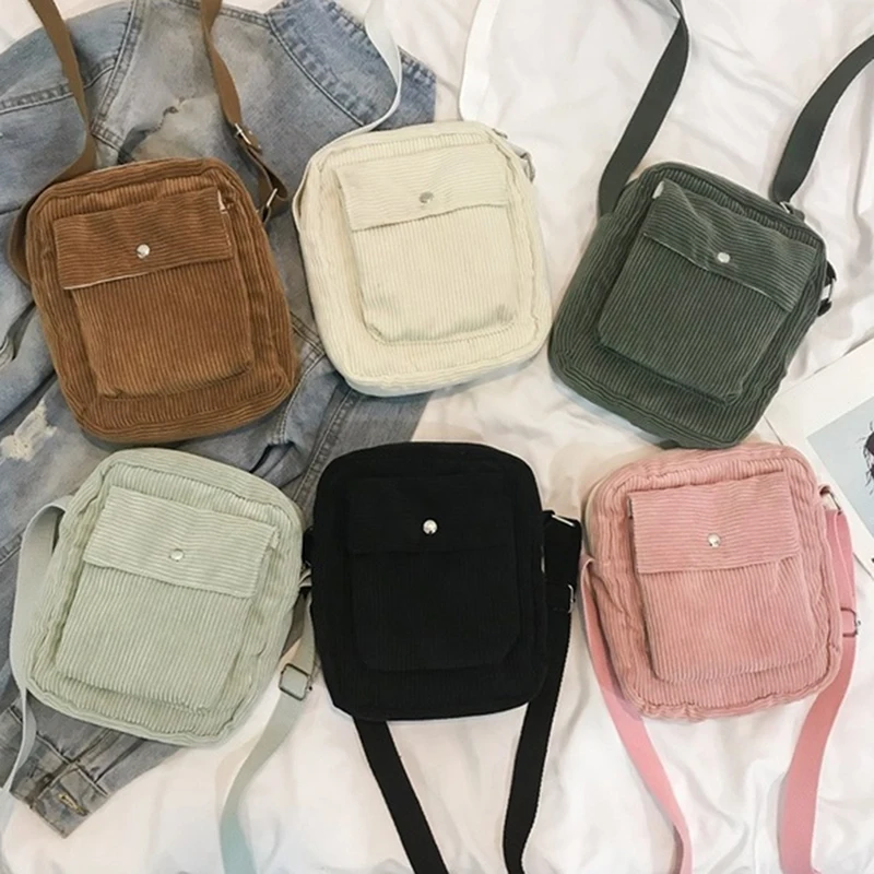 

Women Canvas Flap Bag Preppy Style Student Shoulder Messenger Bag Small Corduroy Bag Casual Satchel Travel Purse Handbag HOT